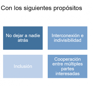 Con los siguientes propósitos: no dejar a nadie atrás, interconexión e indivisibilidad, inclusión, cooperación entre múltiples partes interesadas