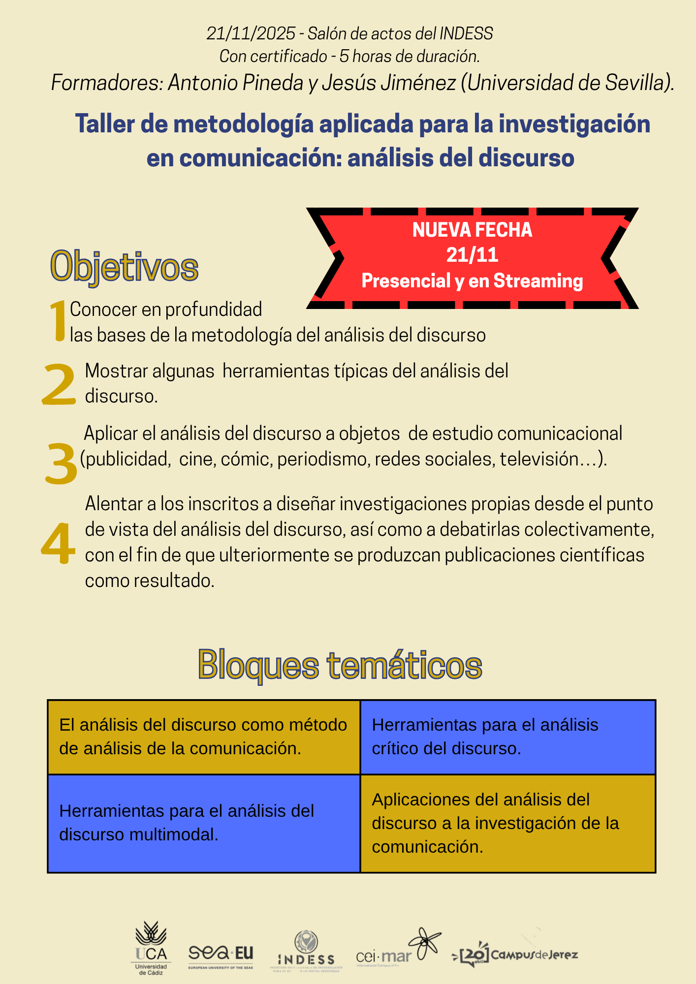 NUEVA FECHA – TALLER DE METODOLOGÍA APLICADA PARA LA INVESTIGACIÓN EN COMUNICACIÓN: ANÁLISIS DEL DISCURSO